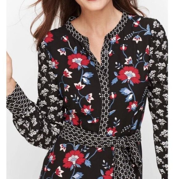 Talbots Sz 10 Dress Mixed Floral Crepe Black Blue Classic Office Boho Midi - Picture 3 of 7